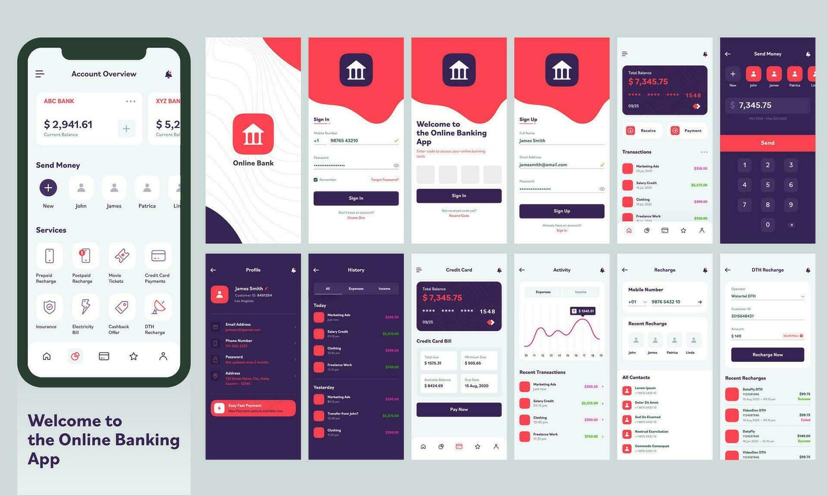 Online Banking Mobile App UI Kit Including as Login, Create Account, User Profile, Transaction, Recharge and Notification Screens. vector