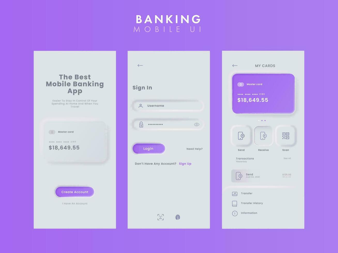 Online Banking Mobile App UI Kit Including as Login, Sign Up, Cards Details for Responsive Website. vector