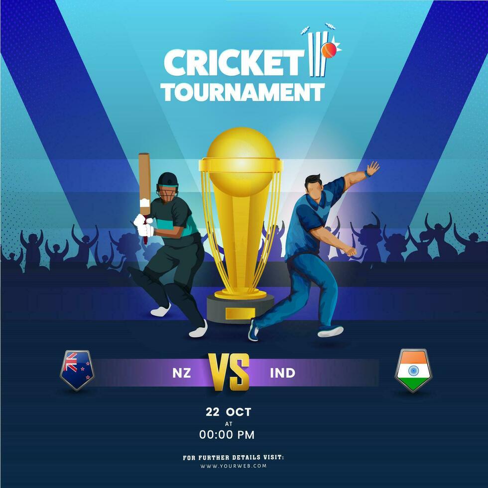 Grillo torneo concepto con 3d dorado victorioso trofeo taza y participativo equipos nuevo Zelanda vs India en silueta aficionados aplausos azul antecedentes. vector