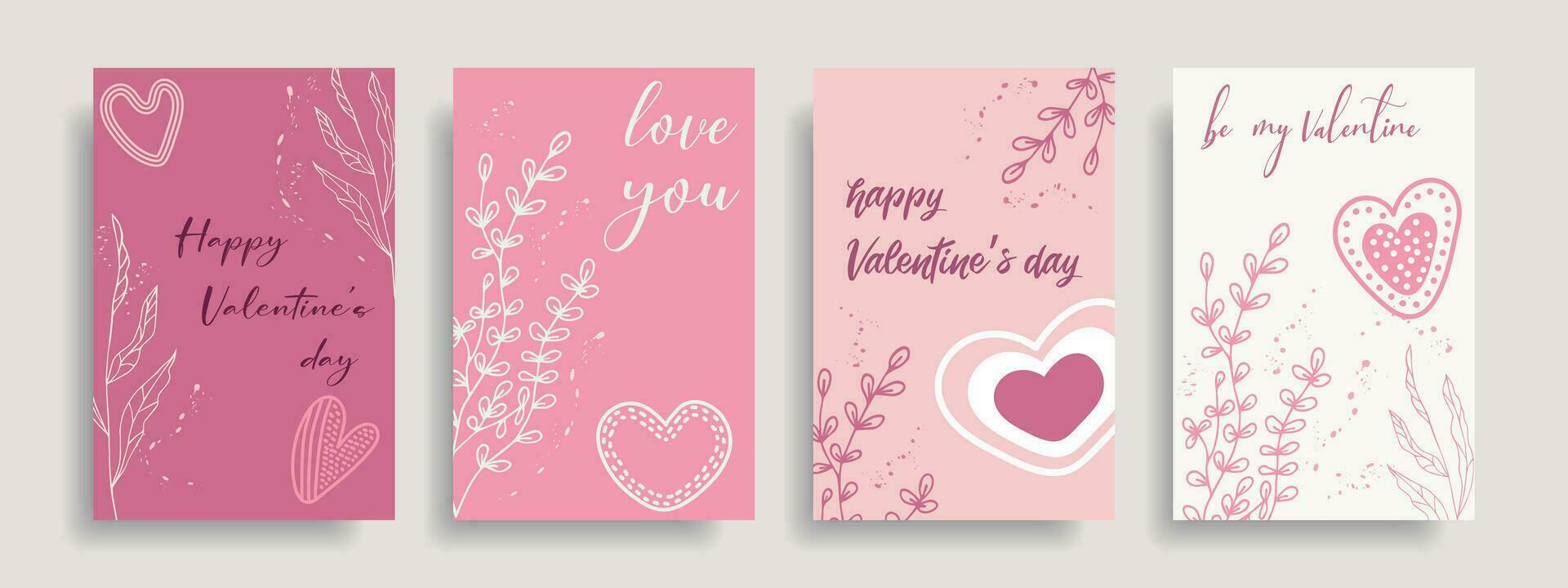 Set of cute Valentine cards with minimalistic style. Postcards with congratulations for Valentine's Day. Place for text. vector