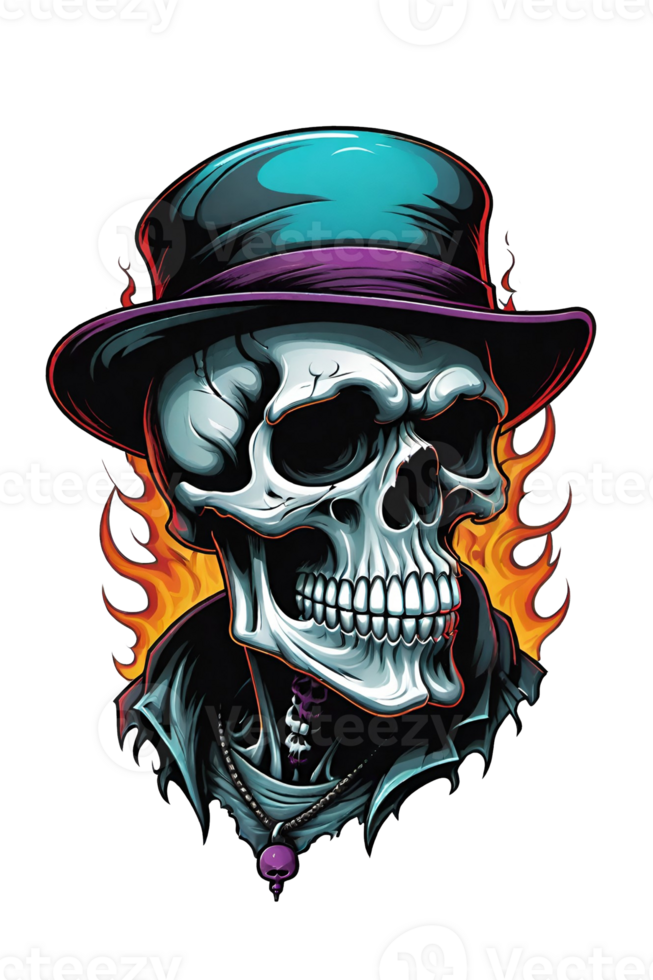 AI generated Skull with a hat and flames on a checkered background png