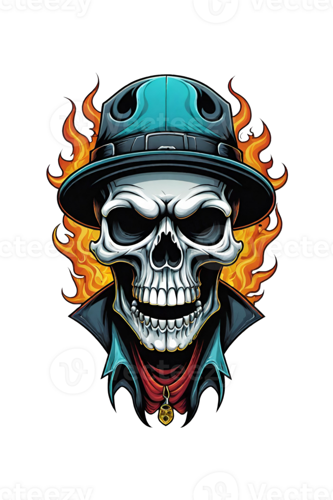 AI generated Skull with a hat and flames on a checkered background png