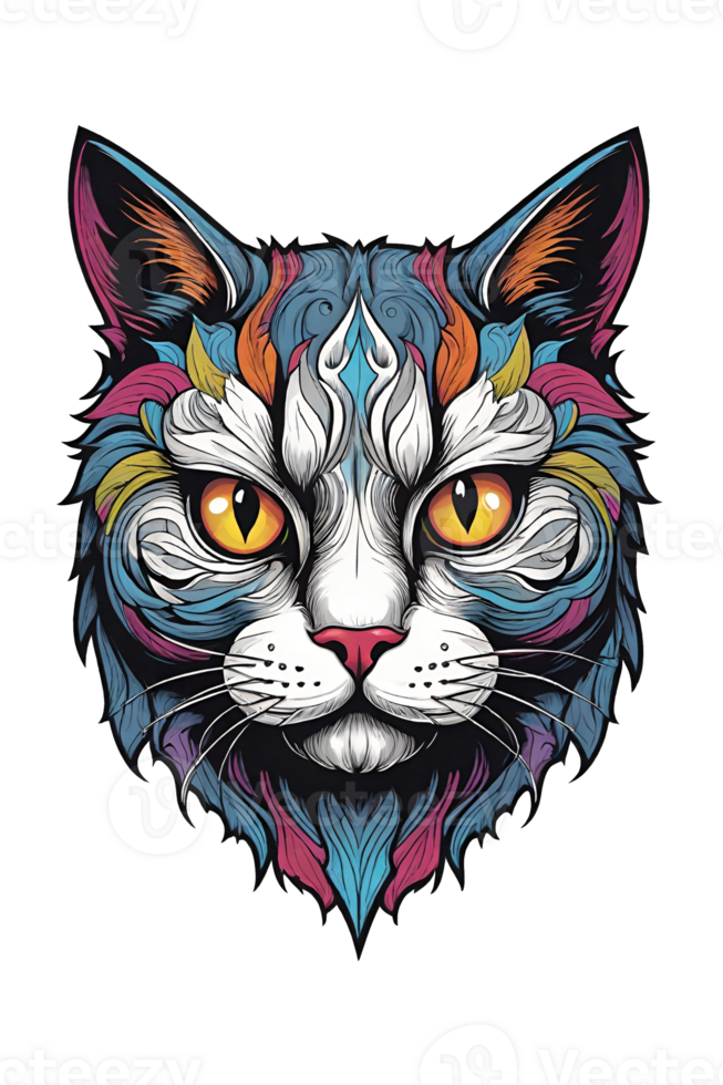 AI generated Colorful cat head with big eyes on transparent background png