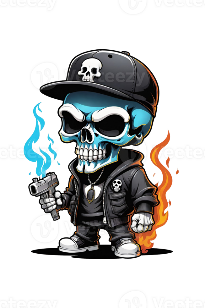 AI generated Skull in a hat with fire and smoke on a transparent background png