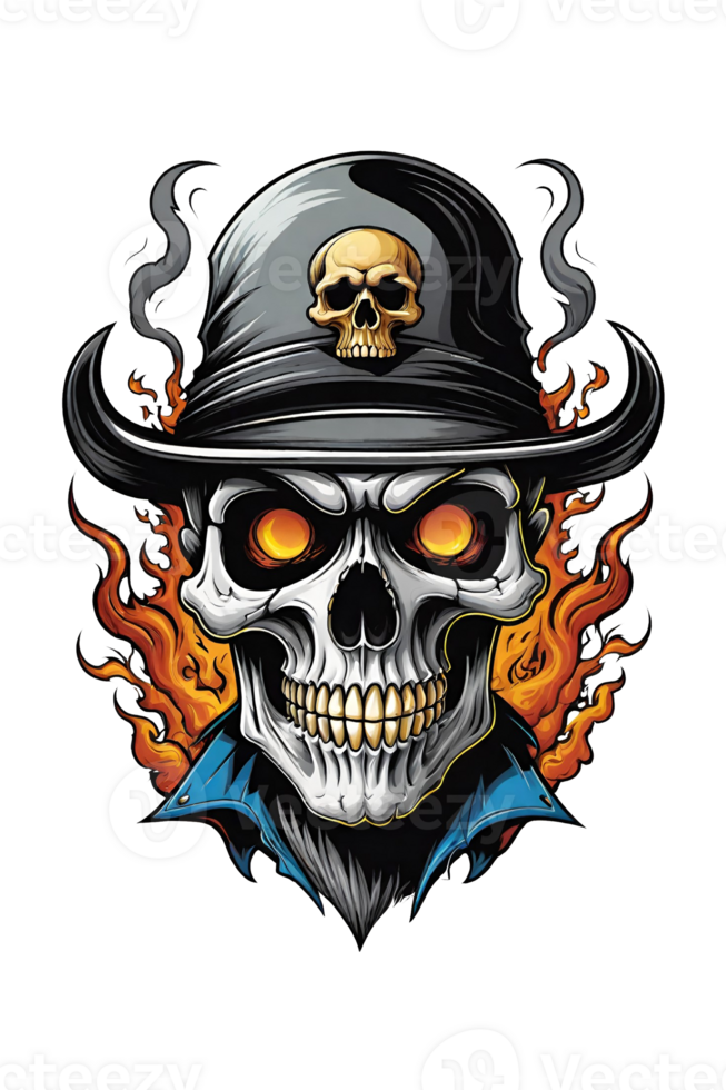 AI generated Skull with a hat and flames on a checkered background png