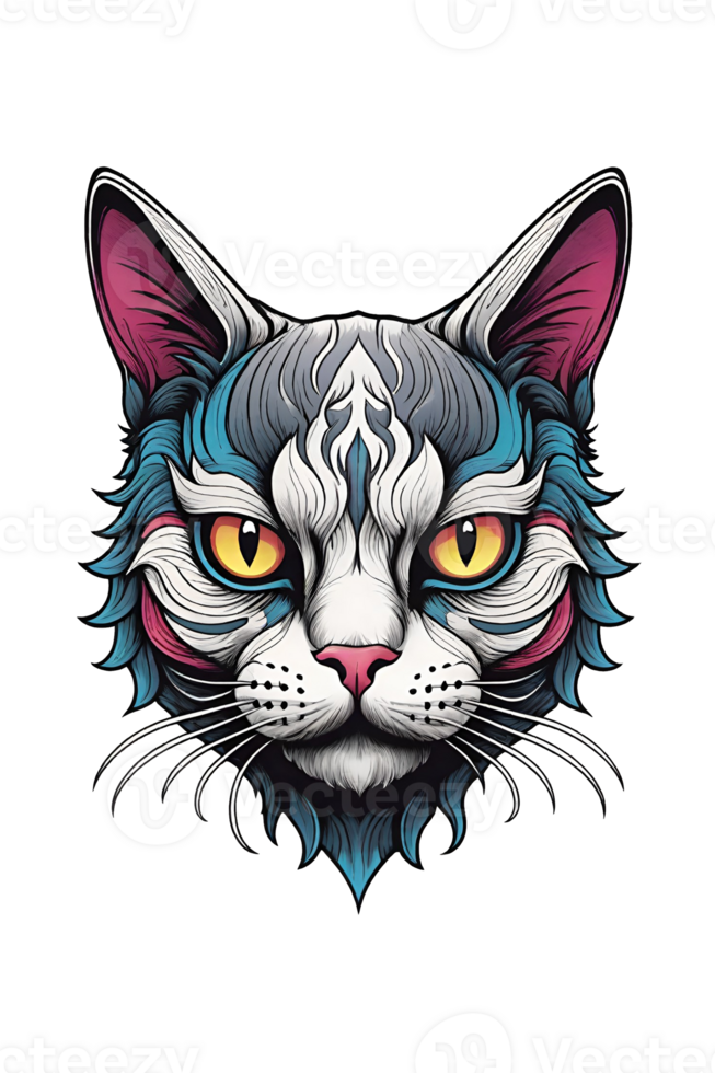 AI generated Colorful cat head with big eyes on transparent background png