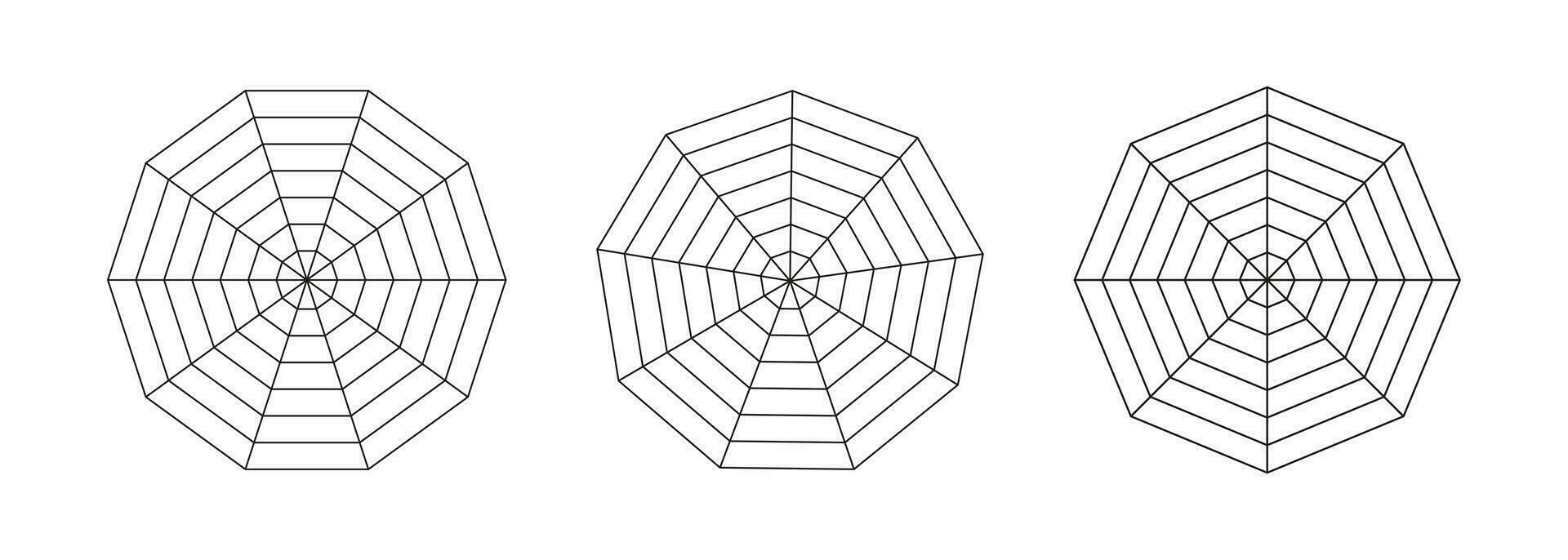 Radar, spider diagram templates. Set of spider mesh. Polygon graph. Collection of diagram for statistic and analytic. Blank radar charts. Simple coaching tool. Grid with segments. Vector illustration.