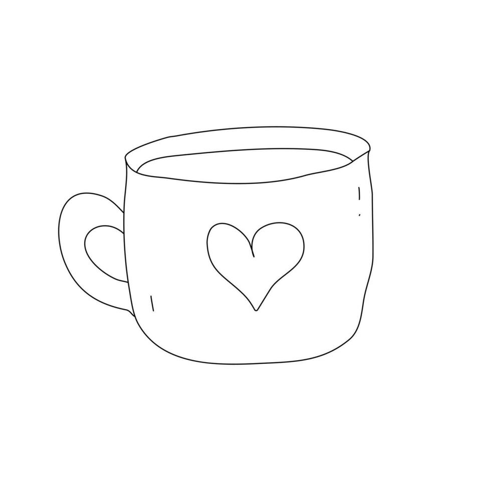 Doodle cute cup of coffee with heart, isolated on white background. Hand drawn icon in doodle style. Template for greeting card, simple logotype, decorations, menu, books. Vector graphic illustration.