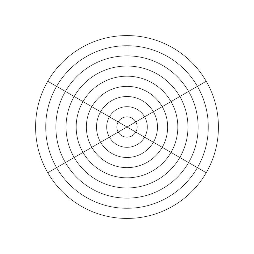 rueda de vida modelo. polar cuadrícula de 6 6 segmentos y 8 concéntrico círculos sencillo entrenamiento herramienta para visualizante todas areas de vida. blanco polar grafico papel. circulo diagrama de vida estilo balance. vector