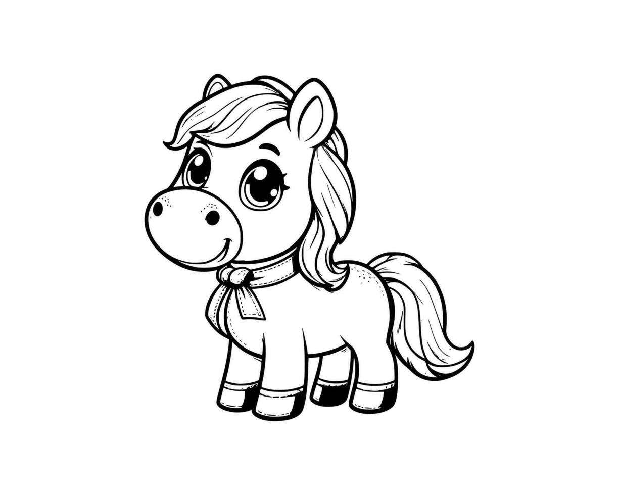 Cute Cartoon of horse coloring book. outline line art. Printable Design. isolated white background vector