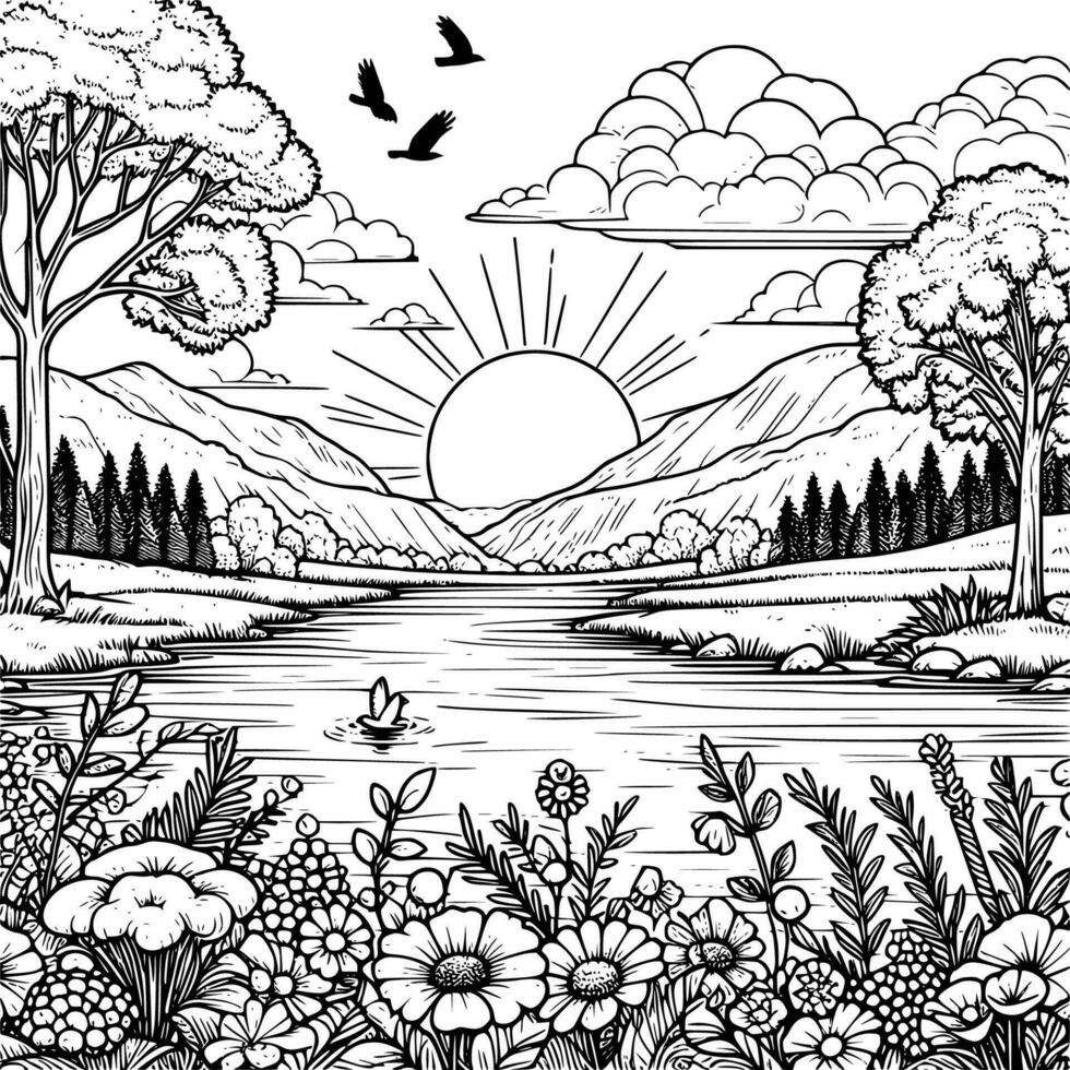 panorama  coloring book black and white. environment vector drawing