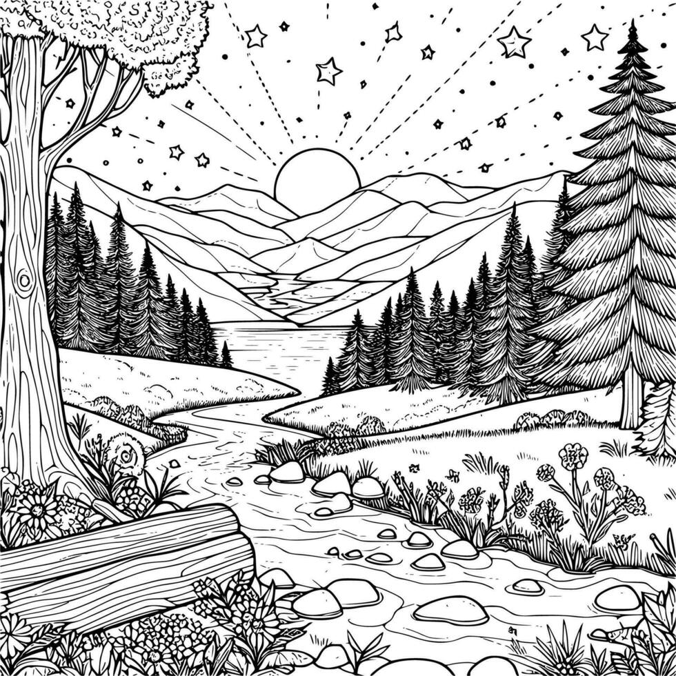 panorama  coloring book black and white. environment vector drawing