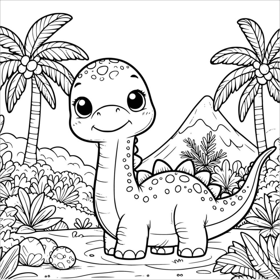 Cute baby dinosaur coloring book. outline line art. Printable Design. isolated white background vector