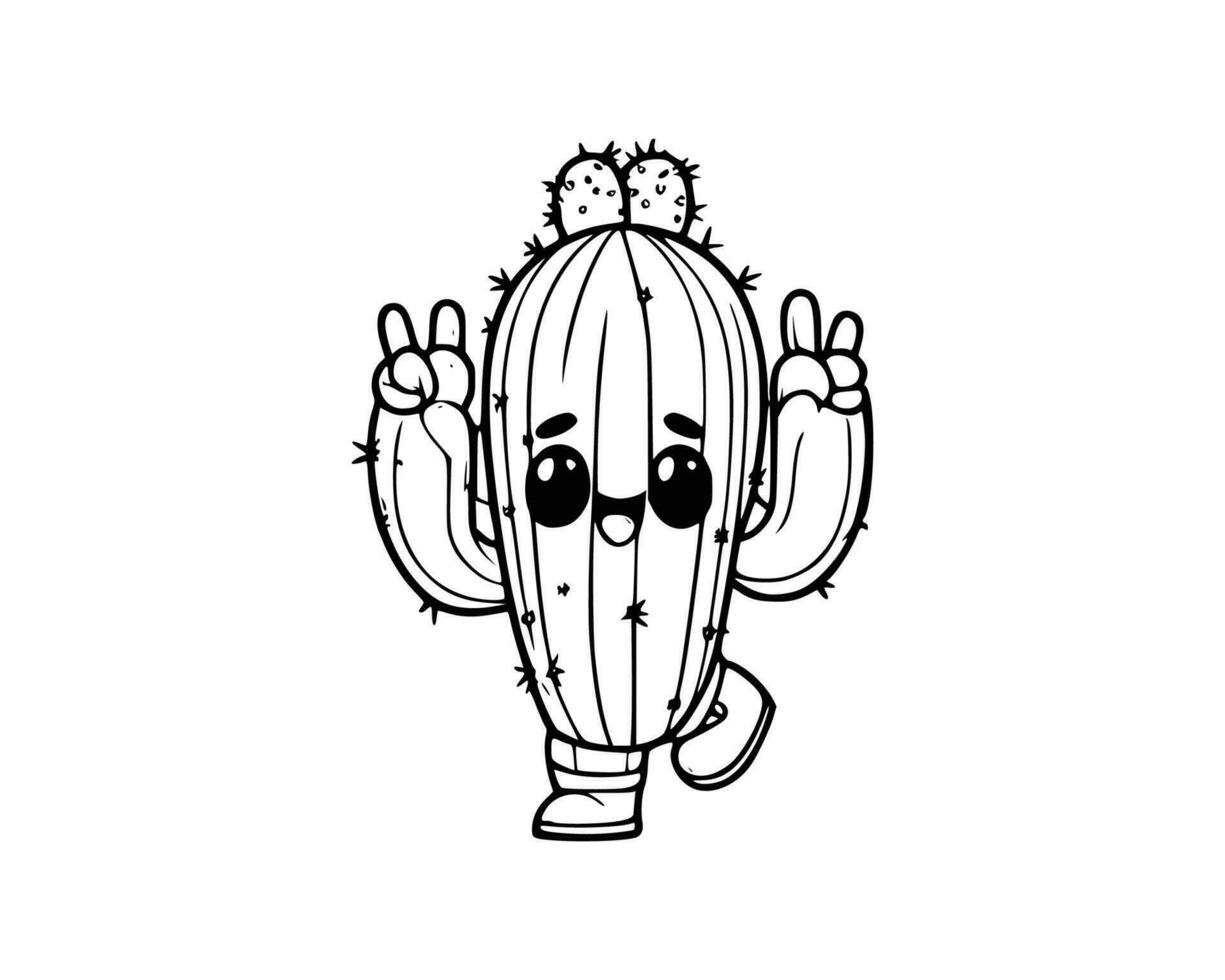 Cute Cartoon of cactus illustration for coloring book. outline line art. Printable Design. isolated white background vector
