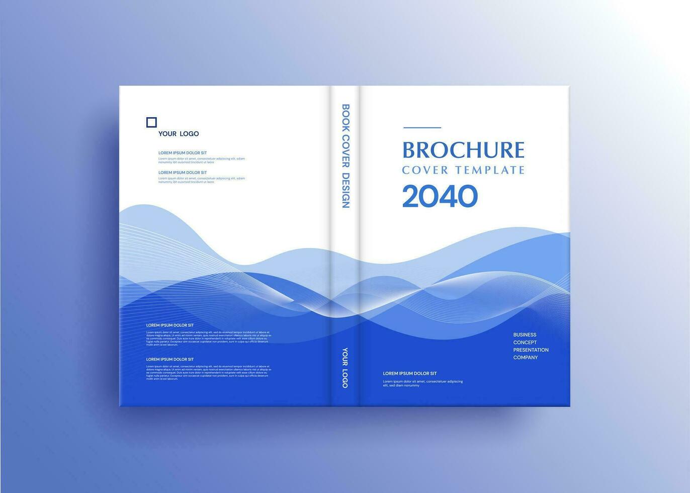 Brochure template layout, cover design annual report, magazine, flyer in A4 with blue wavy lines for business, education, advertisement. Vector illustration.