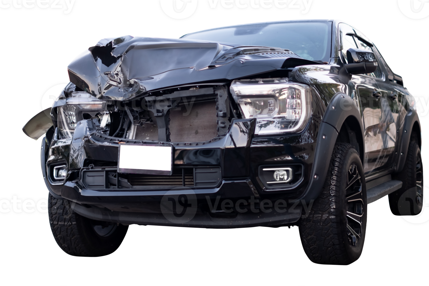 PNG format. Back and side view of black pickup car get damaged by accident on the road. damaged cars after collision. isolated on transparent background