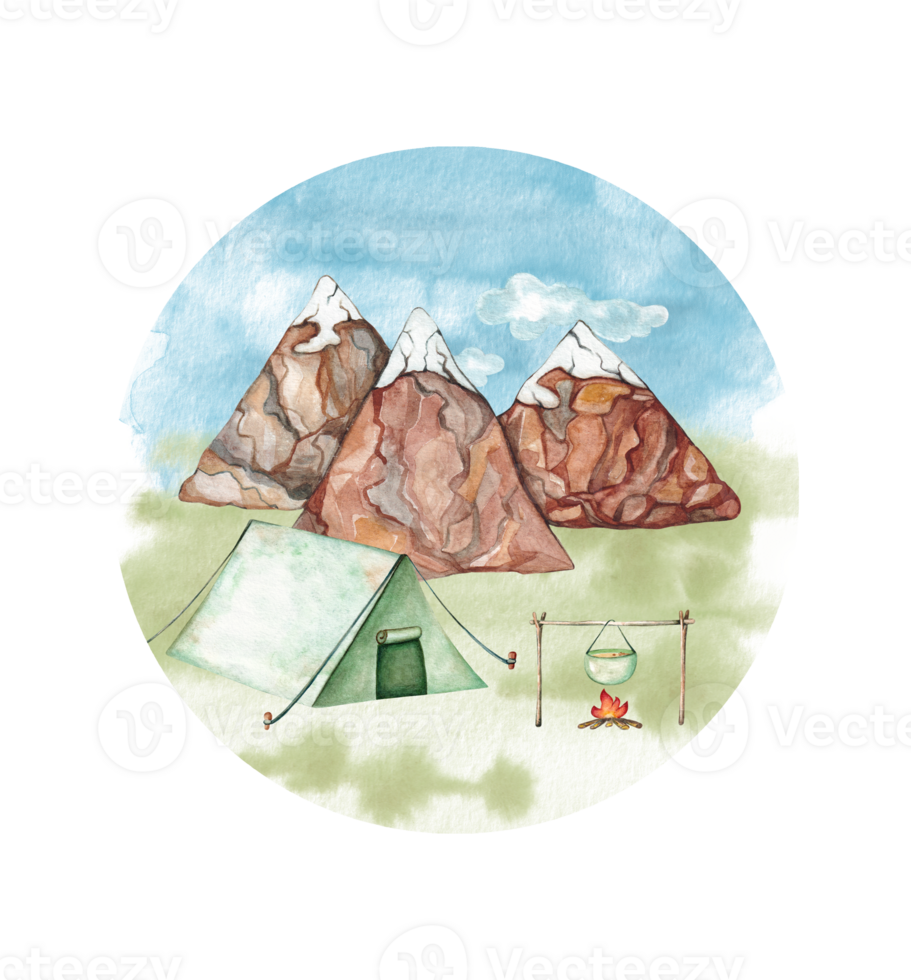 Watercolor illustration of a landscape with mountains, a tent with green grass and a blue sky in the shape of a circle. png