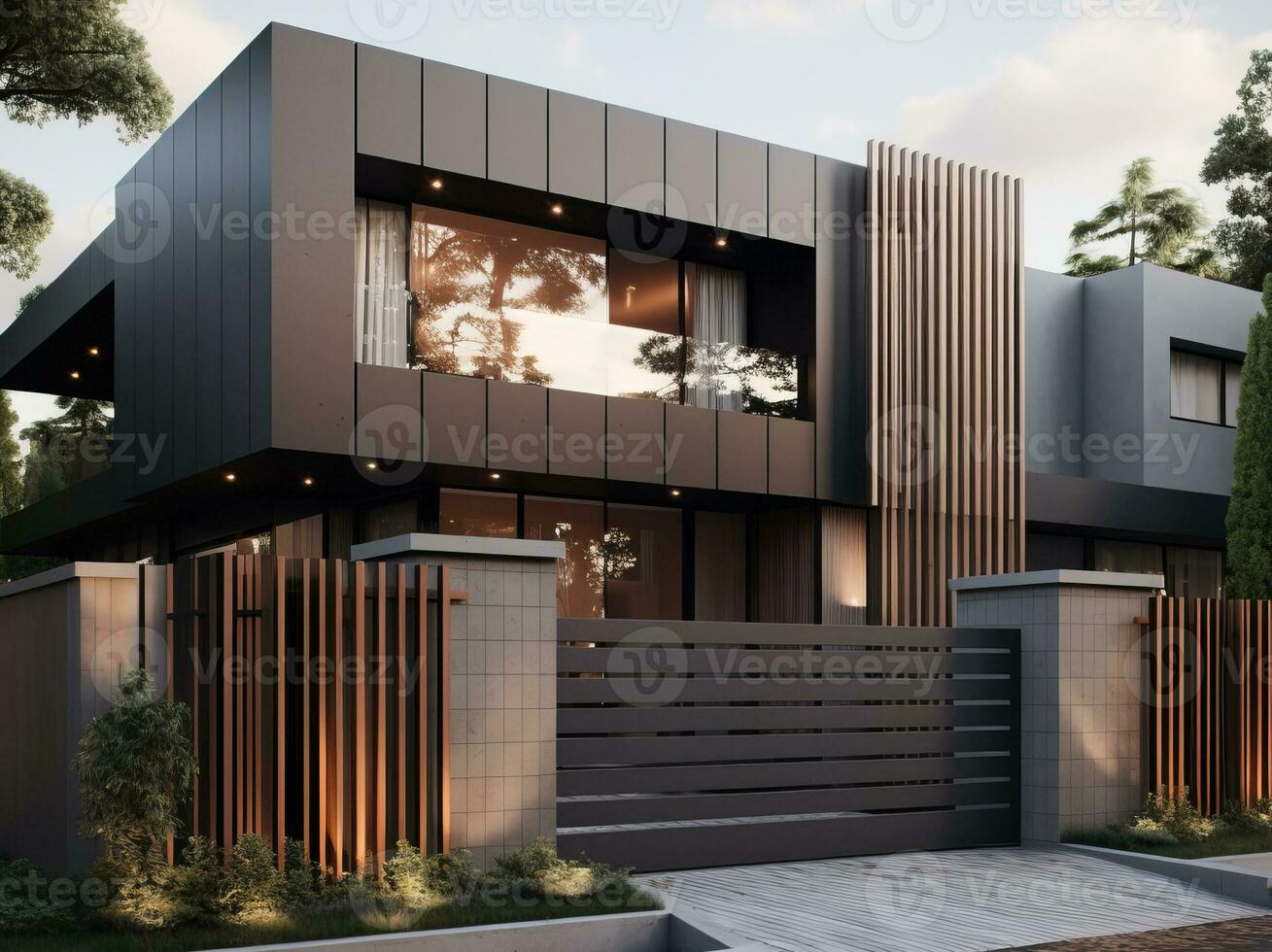 AI generated A private house of two floors with triangular roof and an area near the house against a blue sky. photo