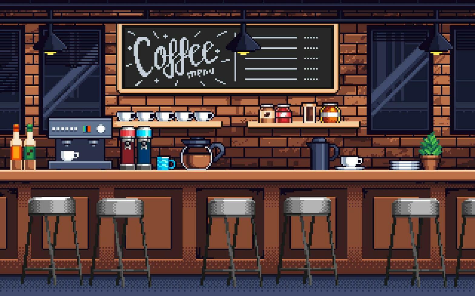 Pixel art illustration Coffeeshop background. Pixelated Cafe. Cozy Coffeeshop Cafe Background pixelated for the pixel art game and icon for website and video game. old school retro. vector