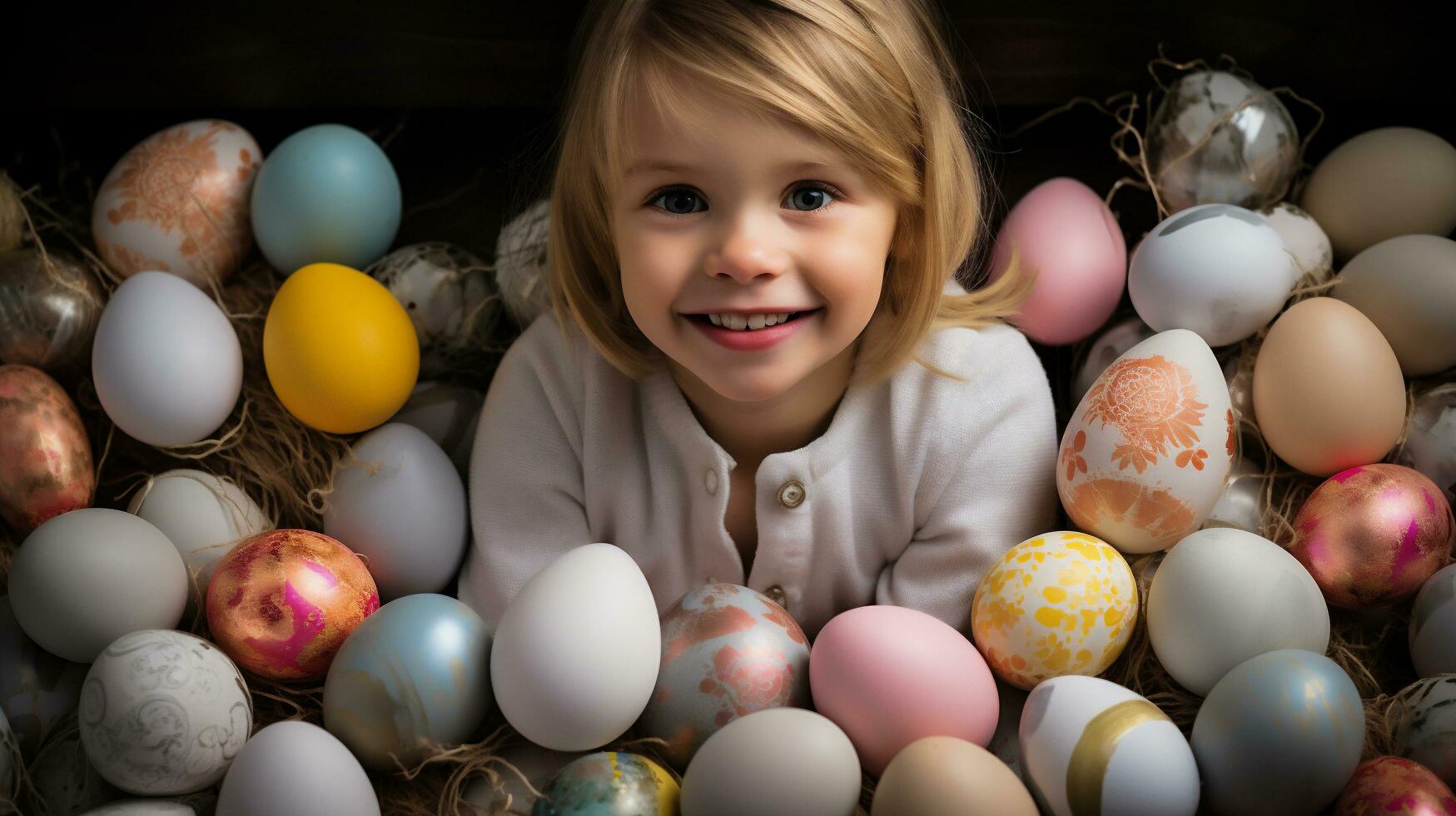 AI generated Cute little girl with easter eggs in basket on dark background photo