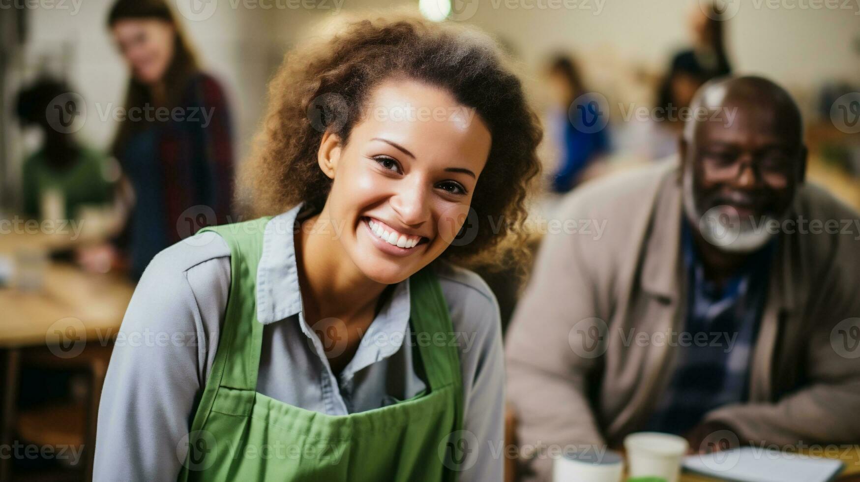 AI generated Portrait of smiling woman in office with colleagues in the background photo