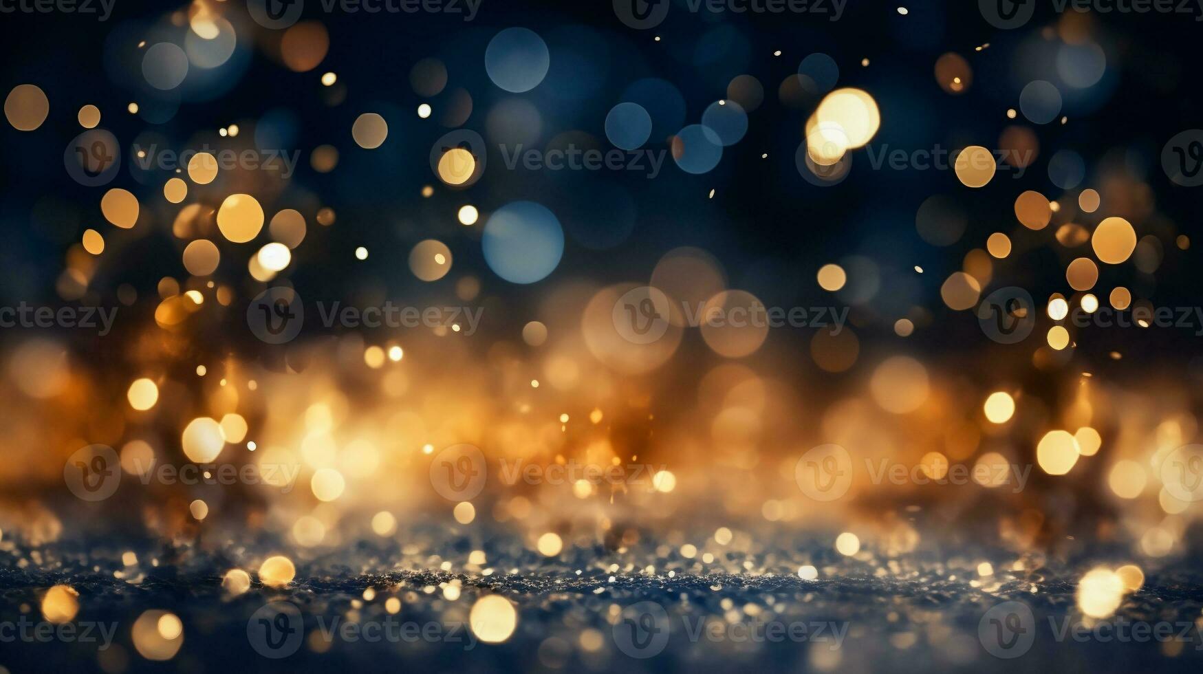 AI generated glitter vintage lights background. gold and blue. de-focused photo