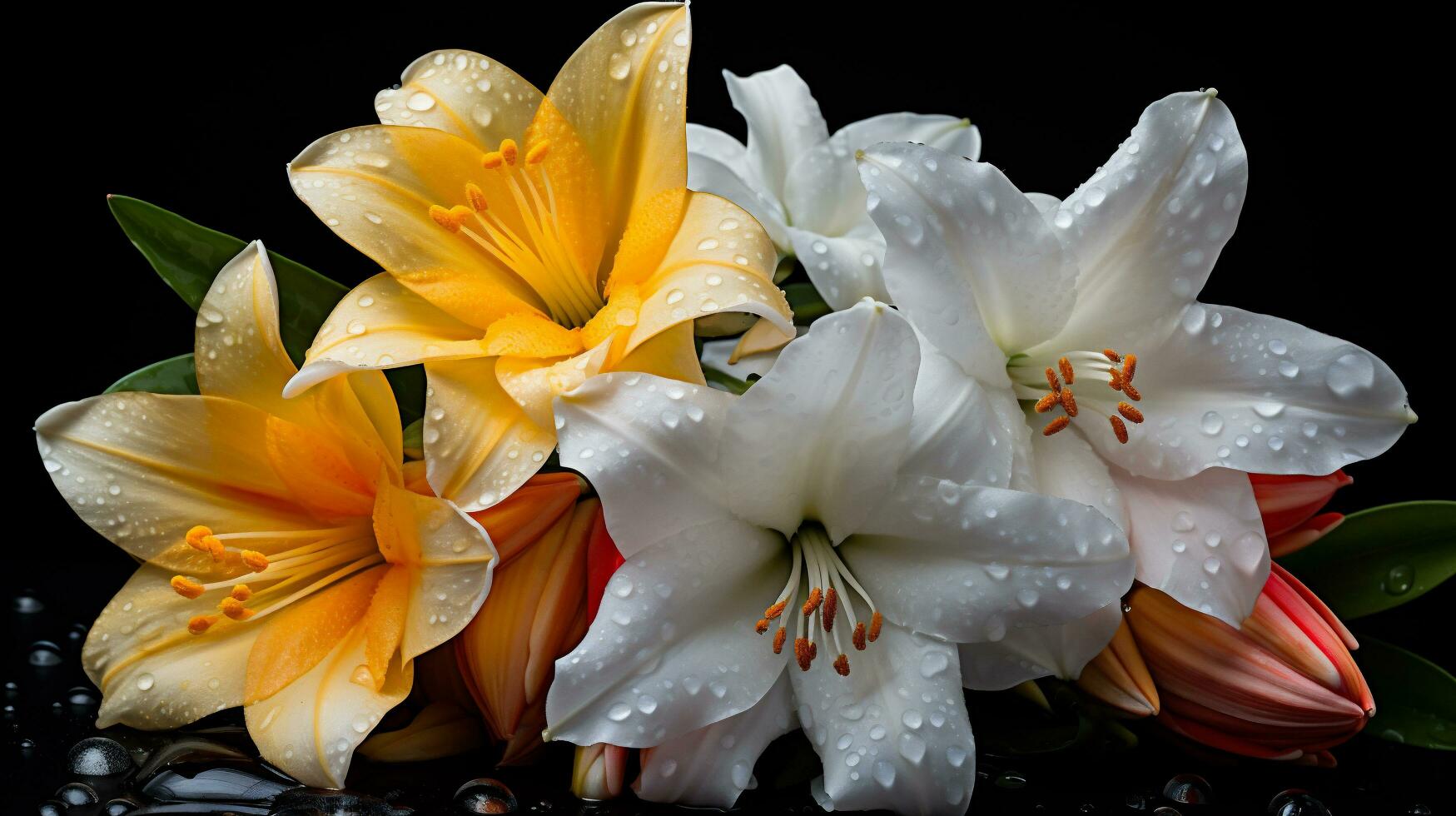 ai generado ramo de flores de lirios en un negro antecedentes con agua gotas foto