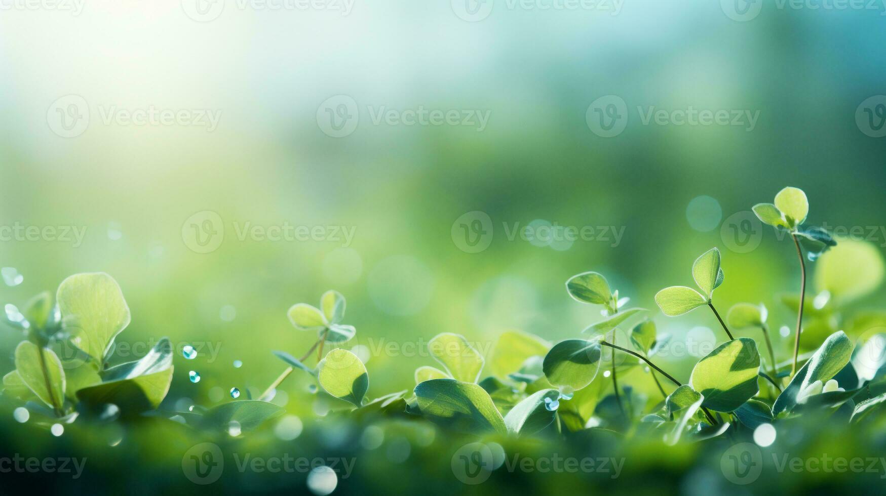 AI generated Green grass with dew drops in sunlight, shallow depth of field photo