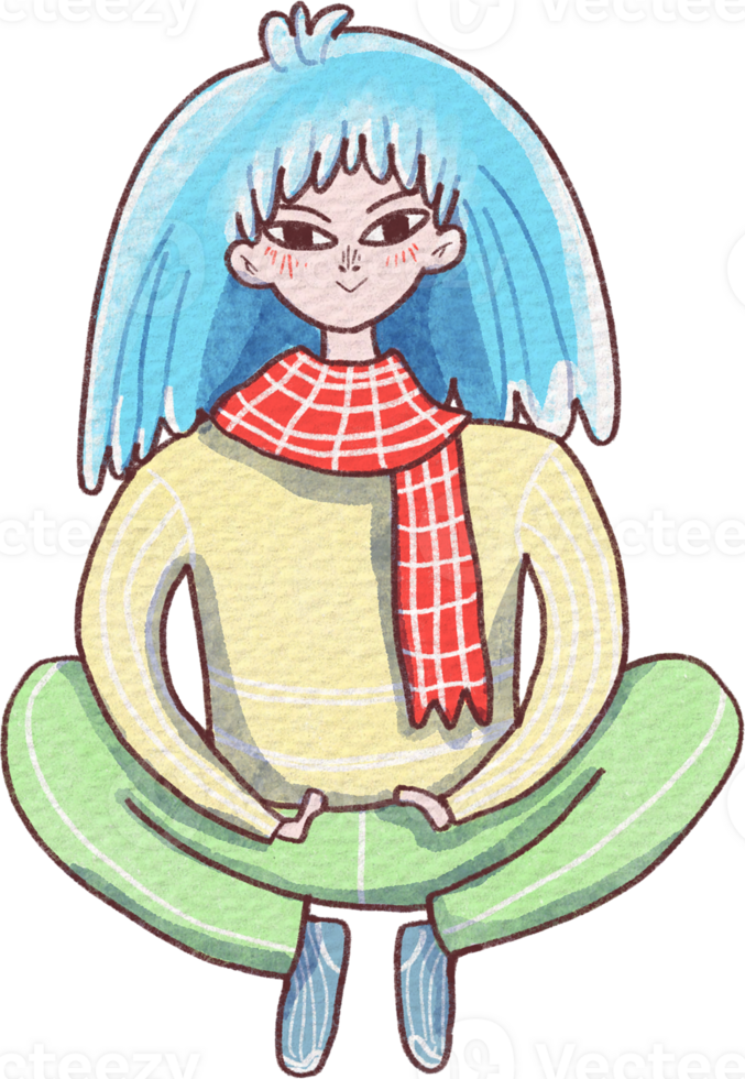 Karikatur Mädchen mit Blau Haar Sitzung im ein Lotus Position png
