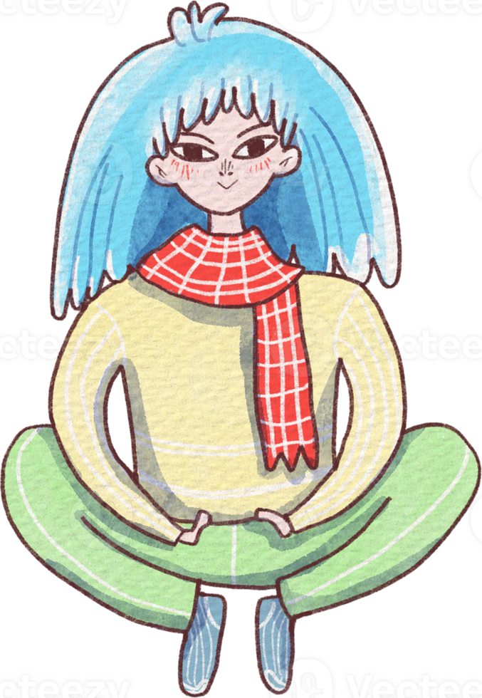 cartoon girl with blue hair sitting in a lotus position png