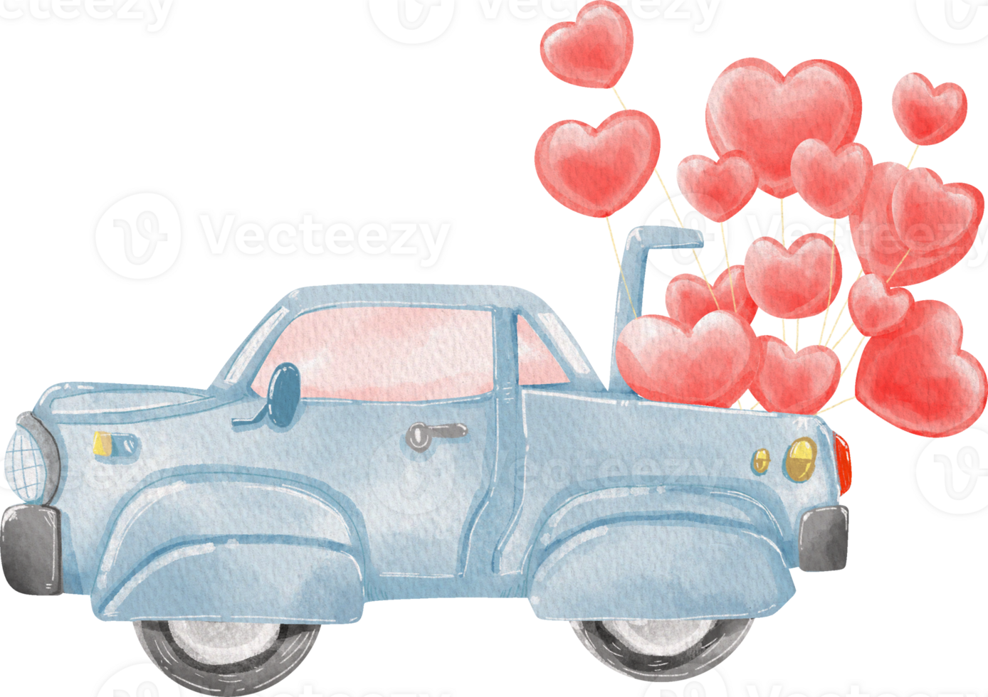 a blue car with red hearts on the back and a heart shaped balloon png