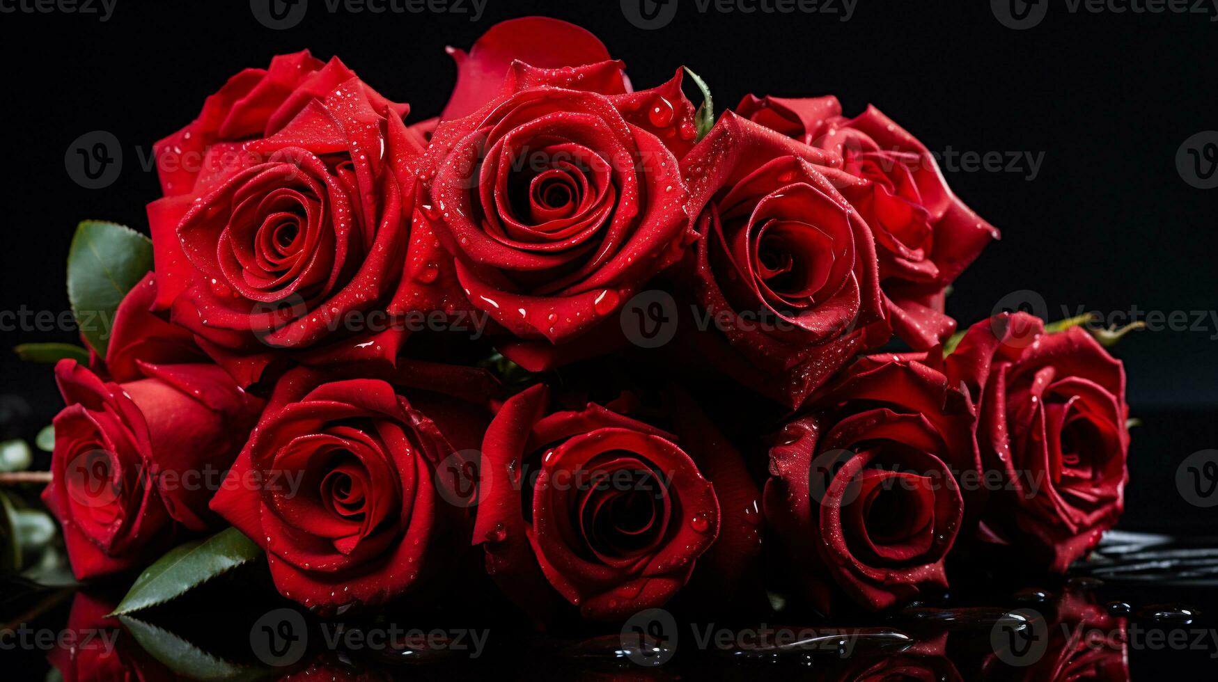 AI generated Red roses with water drops on a black background, close-up photo