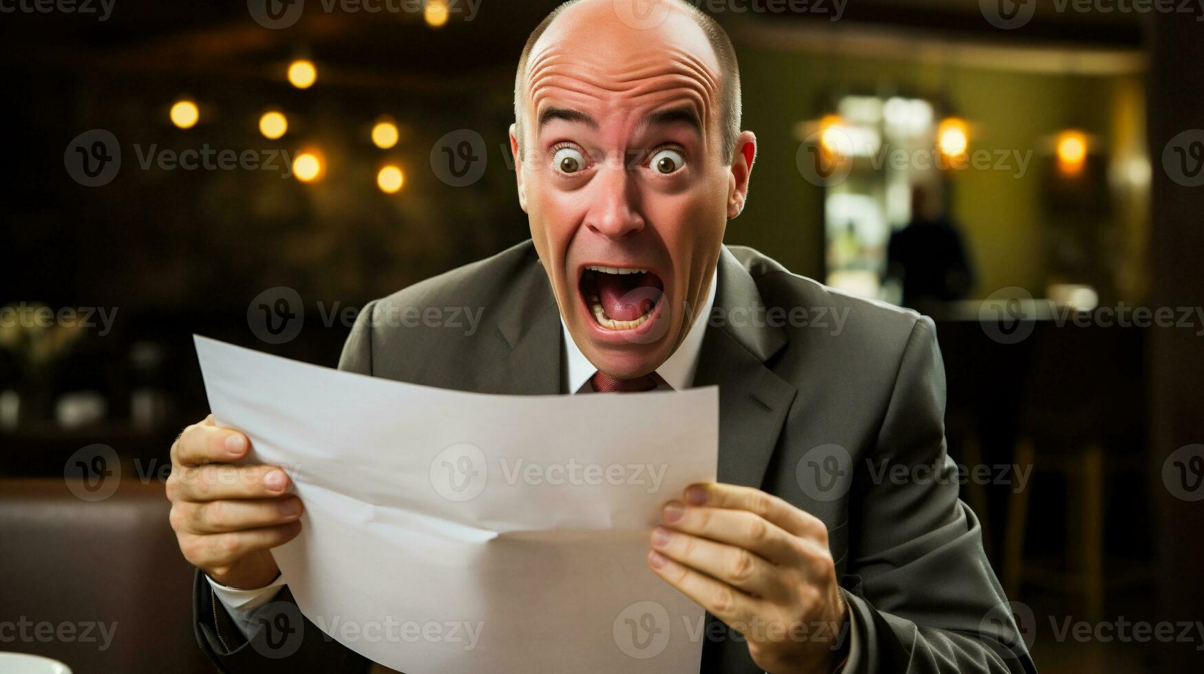 ai generado conmocionado empresario leyendo un letra en un restaurante. conmocionado hombre leyendo un letra foto