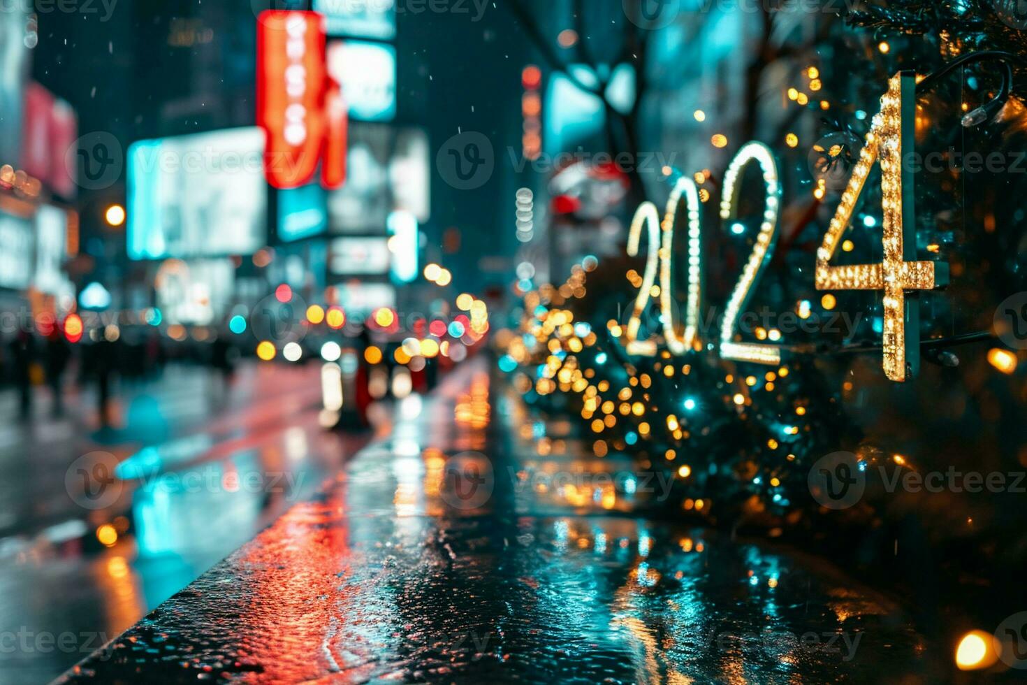 AI generated Christmas and New Year holidays background. Defocused bokeh lights on the street. photo