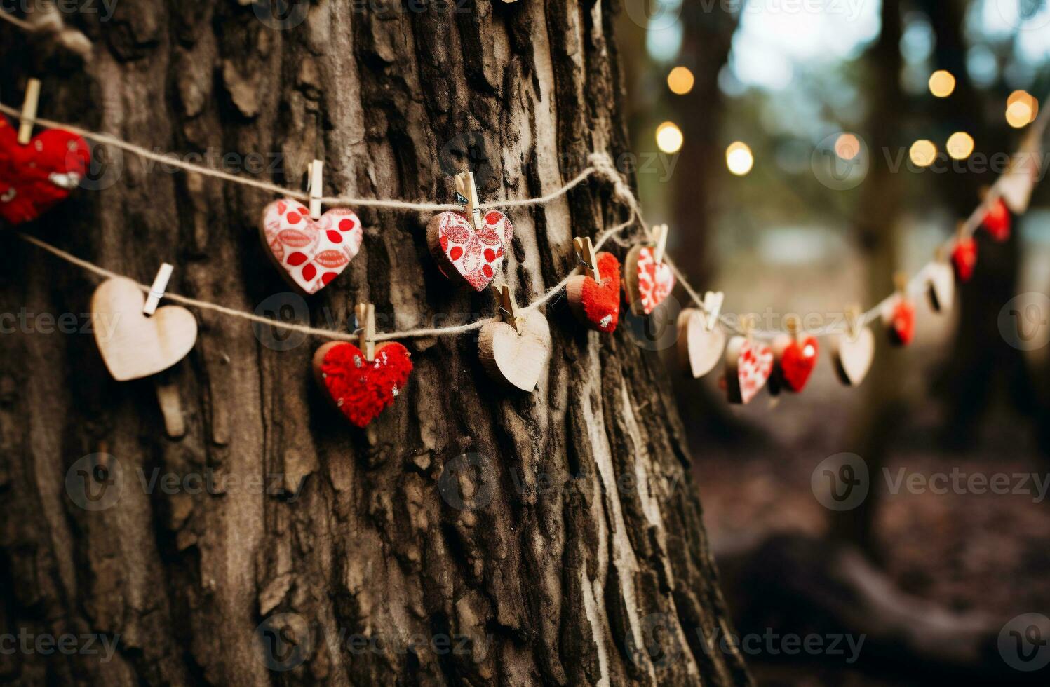 ai generado San Valentín día antecedentes con corazones colgando en un árbol en el bosque foto