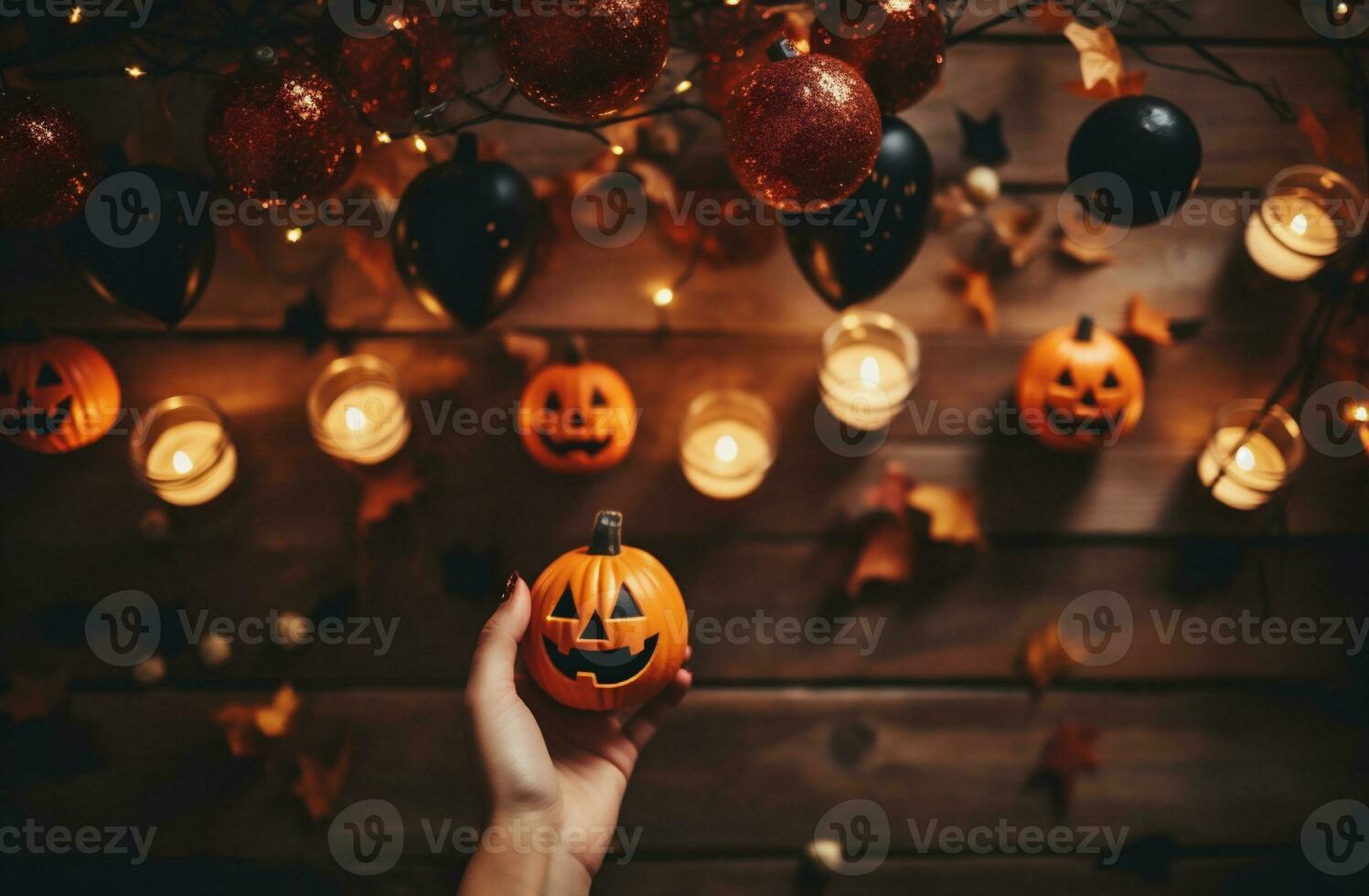 AI generated Halloween pumpkins in woman hands on wooden background with bokeh photo