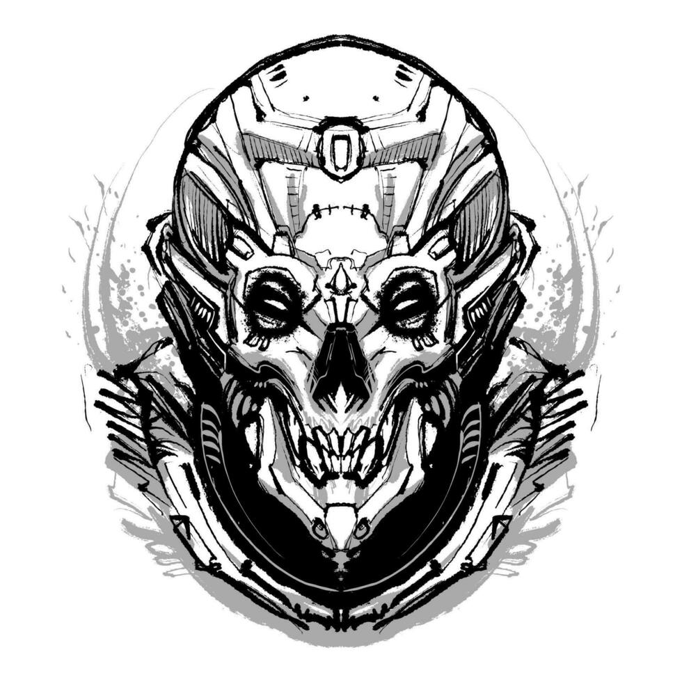 the robot skull head illustration line art vector