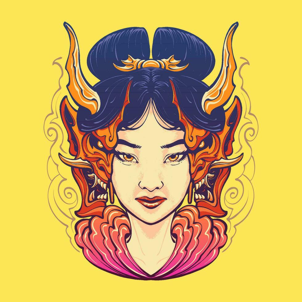 the geisha with oni mask illustration vector