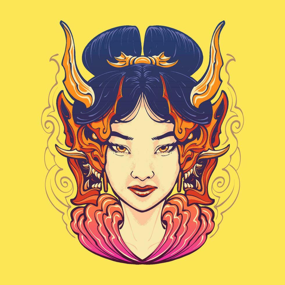 the geisha with oni mask illustration vector