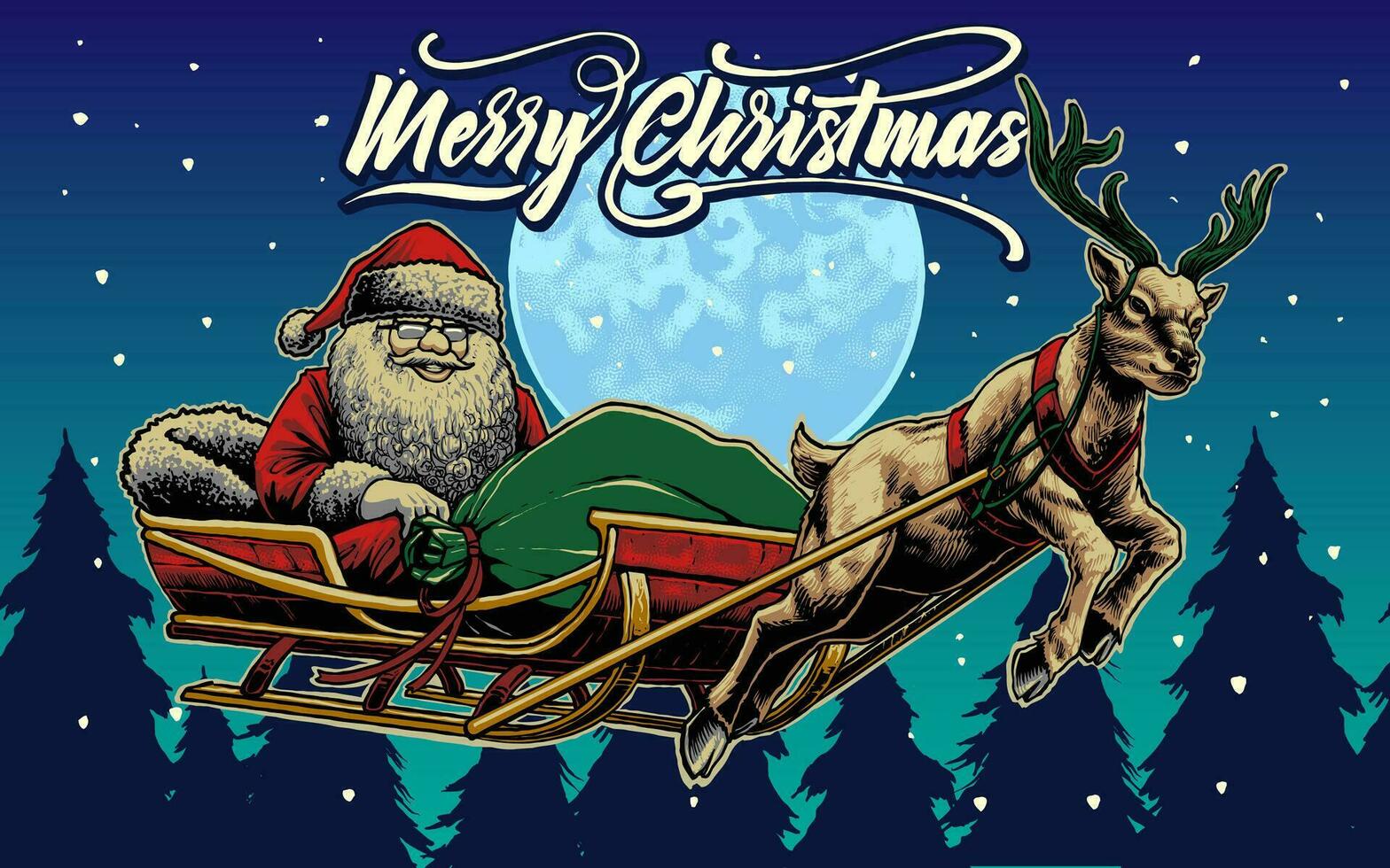 santa claus with flying reindeer illustration vector