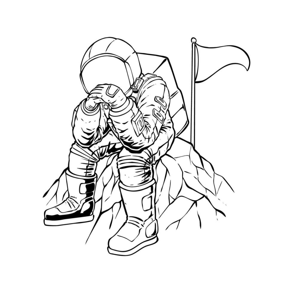 sad astronaut sitting on the moon line art vector