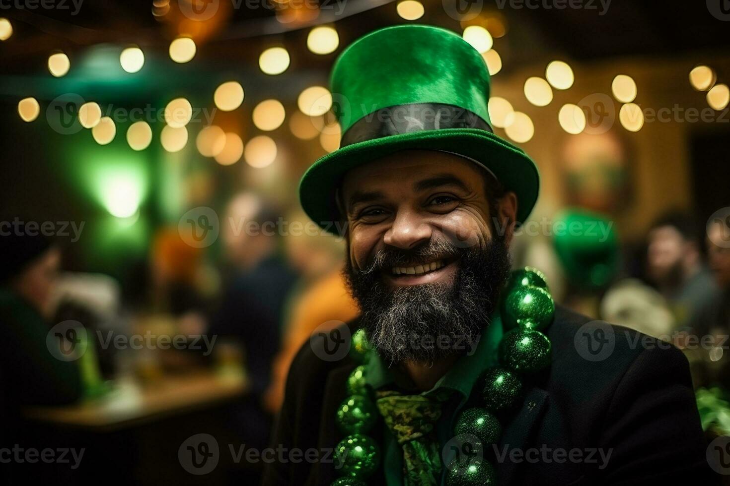 ai generado hermoso barbado hombre en un verde duende sombrero con un barba posando en un pub foto