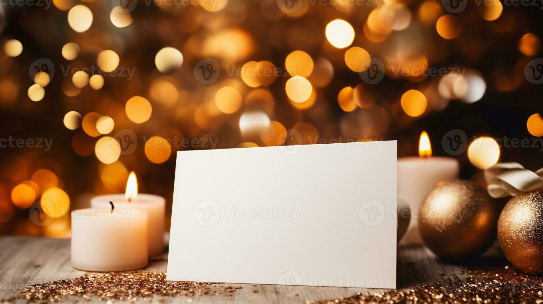 ai generado blanco papel tarjeta en de madera mesa con bokeh luces antecedentes foto