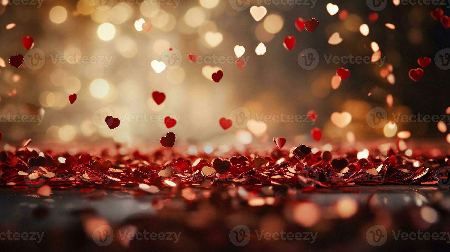 AI generated Valentine's day background with red hearts on bokeh background photo