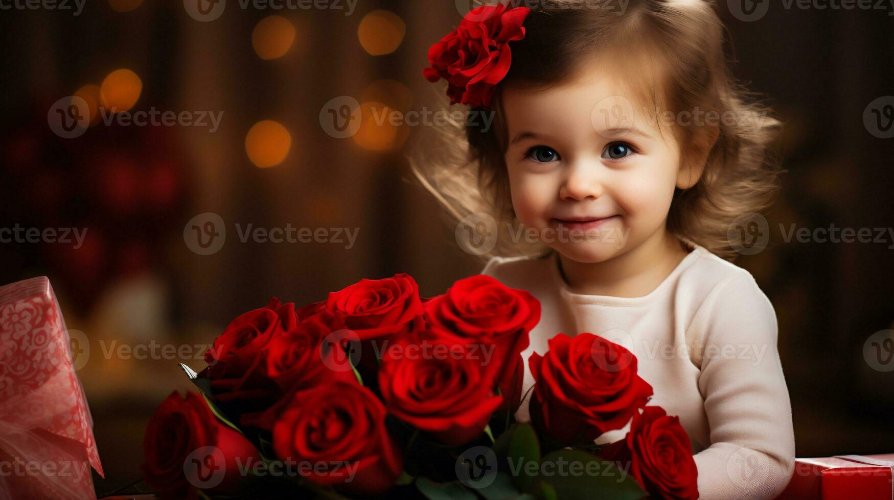 ai generado linda pequeño niña con un ramo de flores de rojo rosas y un regalo caja foto