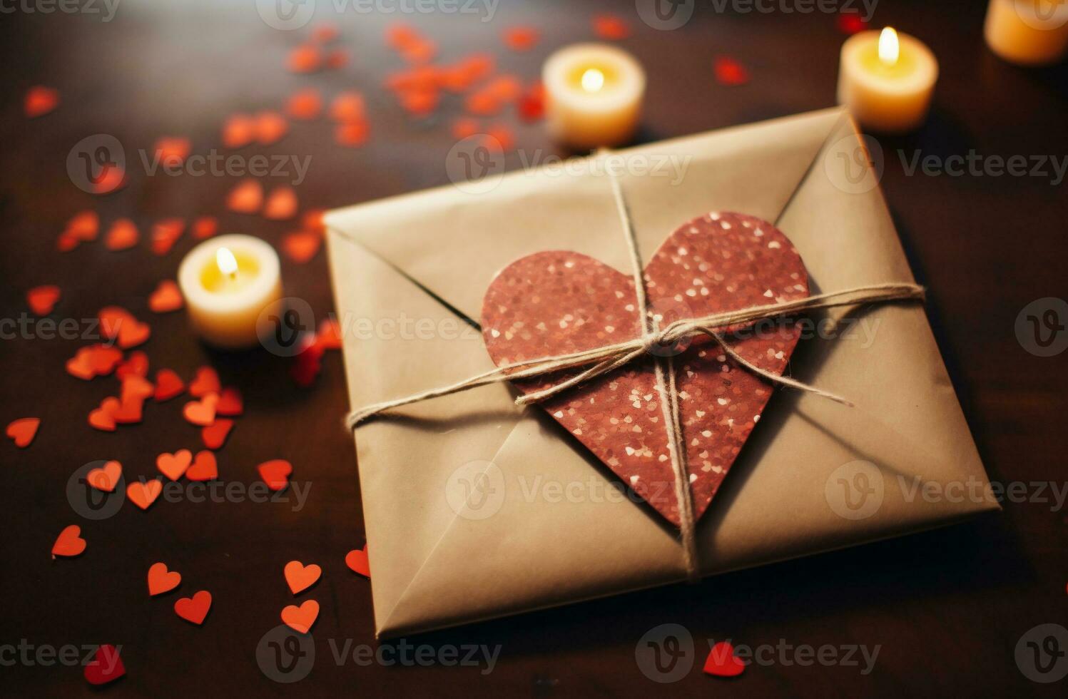 AI generated Valentine's day background. Love letter, envelope and red hearts on wooden table photo