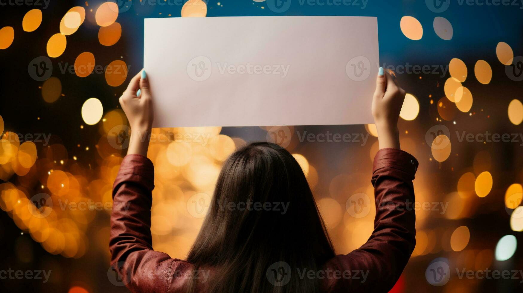 AI generated Young woman holding blank paper on bokeh background, mockup photo