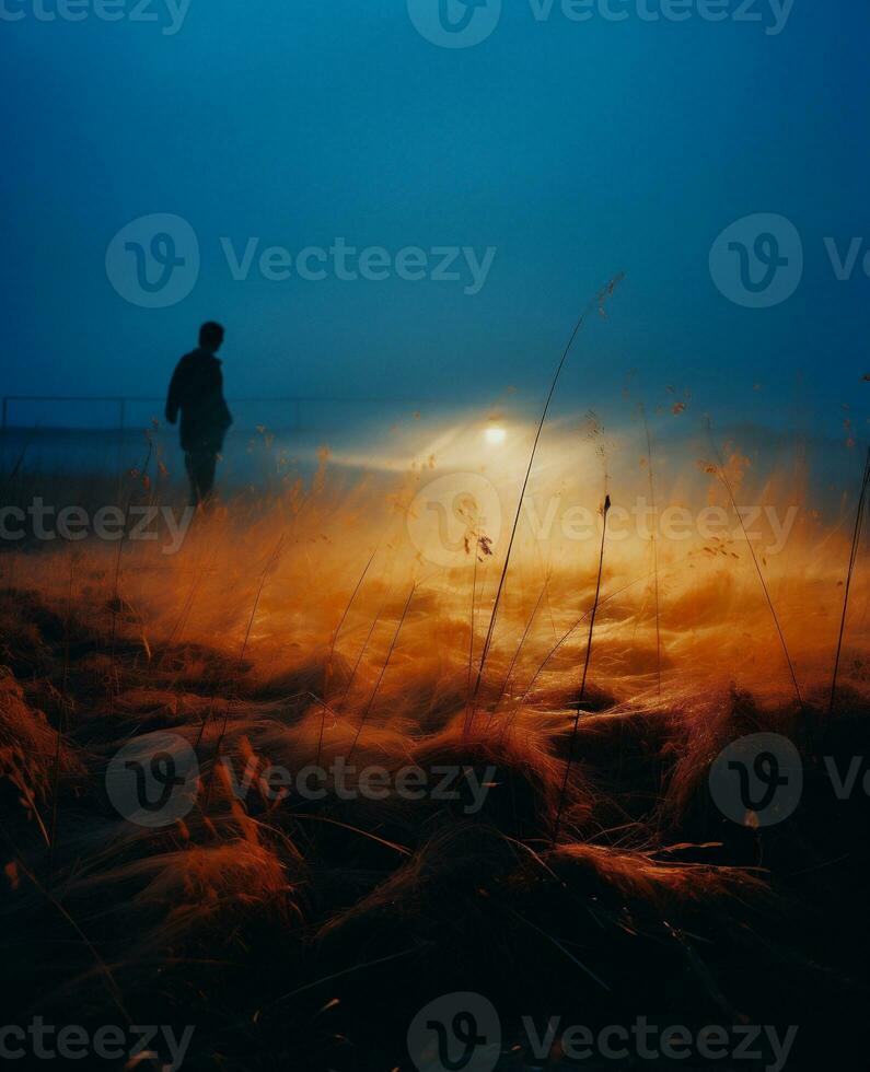 AI generated Man running in the field at sunrise with fog in the background. photo