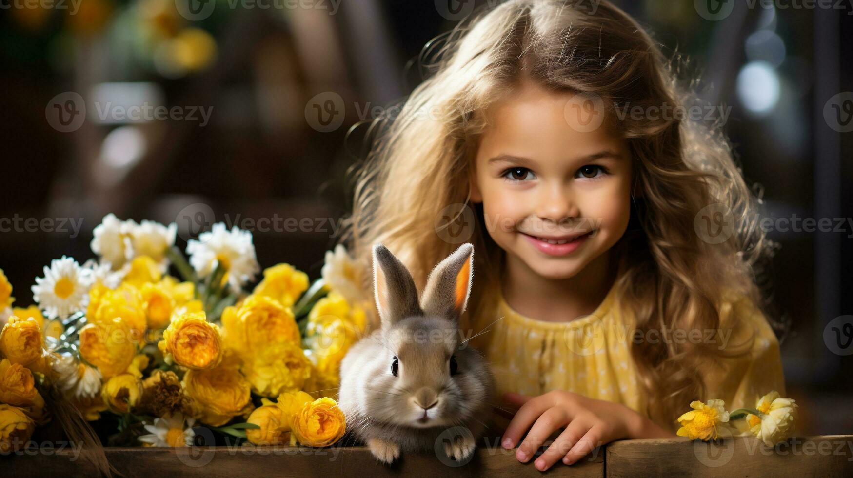 AI generated Cute little girl with easter eggs and bunny on rustic background photo