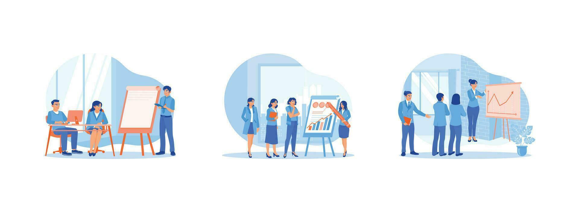 Briefing concept. Listen to explanations during the presentation. Flip chart presentation about company business strategy. Set Trend Modern vector flat illustration